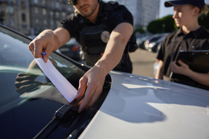 patrolman-and-patrolwoman-putting-fine-for-car-par-2024-12-05-21-36-59-utc