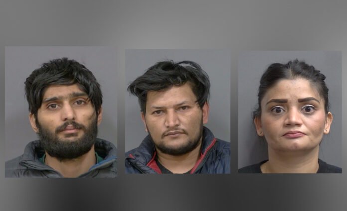 Headshots of the accused released by police. description left to right 1. Man with dark, tousled hair and a short beard wearing a gray jacket against a plain gray background. 2. Person with dark hair pulled back, wearing small gold earrings and a black top, against a plain gray background. 3.Person with dark hair pulled back, wearing small gold earrings and a black top, against a plain gray background.