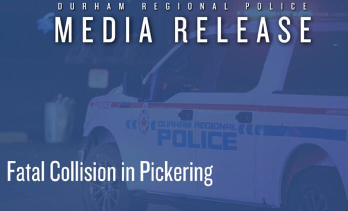 Durham Regional Police media release graphic showing a police vehicle with the headline “Fatal Collision in Pickering.”