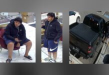 Police searching for Montreal man linked to credit card scam in Toronto and Mississauga Three surveillance images released by police. The first two images show a young man with a large build, dark hair, and facial hair, wearing a black hoodie, blue athletic shorts, and black slip-on shoes . The third image shows a black Dodge pickup truck parked on a street, viewed from above and behind.