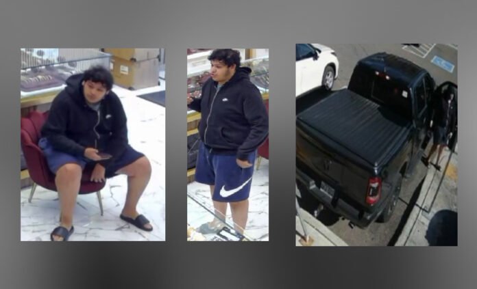 Three surveillance images released by police. The first two images show a young man with a large build, dark hair, and facial hair, wearing a black hoodie, blue athletic shorts, and black slip-on shoes . The third image shows a black Dodge pickup truck parked on a street, viewed from above and behind.