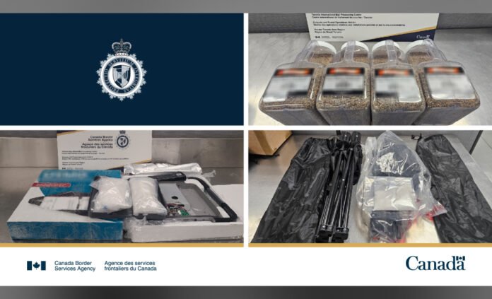 A four-panel photo collage shows items seized by authorities. One panel features a police crest on a dark background. Other panels display clear plastic containers filled with a dried substance, packaged white powder placed beside a handgun, and several black batons or rods sealed in plastic bags