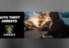 Three arrested in Oakville auto theft spree image showing a police-branded banner reading “AUTO THEFT ARRESTS,” alongside an image of a person near a parked vehicle on a residential street at dusk.