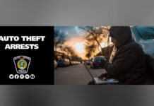 Three arrested in Oakville auto theft spree image showing a police-branded banner reading “AUTO THEFT ARRESTS,” alongside an image of a person near a parked vehicle on a residential street at dusk.
