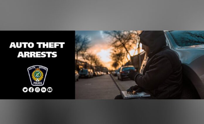 Halton_Regional_Police_Service_Logo (1) image showing a police-branded banner reading “AUTO THEFT ARRESTS,” alongside an image of a person near a parked vehicle on a residential street at dusk.