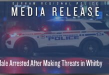 Man charged after allegedly making threats toward co-workers in Whitby Durham Regional Police media release graphic showing a police SUV with the headline “Male Arrested After Making Threats in Whitby.”