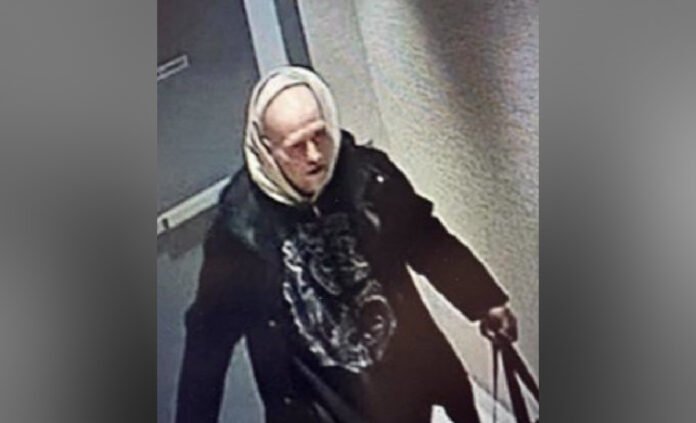 Security camera image of a person wearing a light-coloured striped beanie, black jacket, and a dark hoodie with a large graphic on the front, standing indoors and holding what appears to be a bag strap.