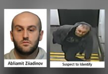 Milton greenspace spree: Police arrest suspect after trail-backed home break-ins Two images are displayed side by side vertically. The top image shows a head-and-shoulders portrait of a man with a shaved head and short facial hair against a plain background, with a name printed beside the photo. The bottom image appears to be a CCTV still showing a person wearing a dark hooded sweatshirt, leaning forward while walking indoors, with the caption “Suspect to Identify.”