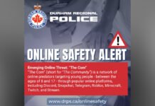 Children as young as 8 targeted in online predatory and criminal network, Durham Regional Police warn Durham Regional Police "Online Safety Alert"graphic warning about "The Com,"a network of online predators targeting youth aged 8–17 on platforms like Discord, Snapchat, Telegram, Roblox, Minecraft, Twitch, and Steam, using grooming, manipulation, intimidation, and threats such as doxing; includes a warning triangle and police logo.