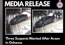 Police hunt suspects after Oshawa home set on fire Two surveillance images show a dark-coloured sedan stopped on a snowy Oshawa street at night. Three suspects are seen near the vehicle before fleeing the area, as part of an arson investigation.