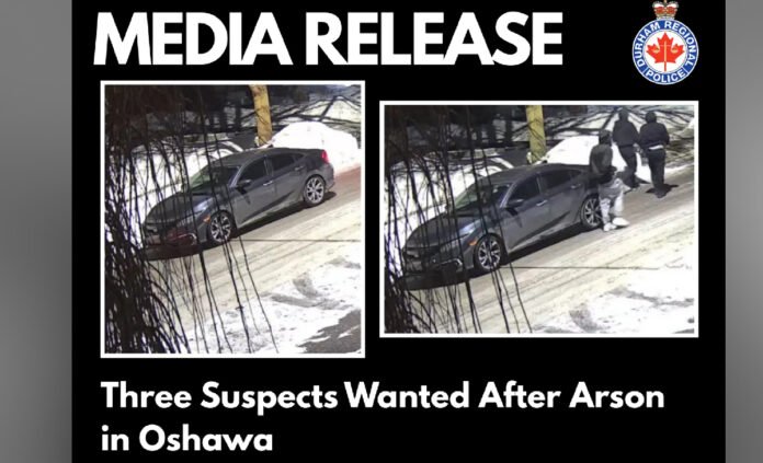 Two surveillance images show a dark-coloured sedan stopped on a snowy Oshawa street at night. Three suspects are seen near the vehicle before fleeing the area, as part of an arson investigation.
