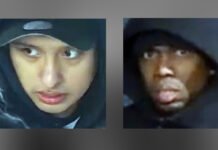 Toronto Police seek two suspects in Scarborough home invasion stabbing Two close-up surveillance images of male suspects released by police. One is wearing a dark baseball cap and hooded jacket, the other a dark hooded sweatshirt. The images are intended to help identify suspects in a stabbing and home invasion investigation.