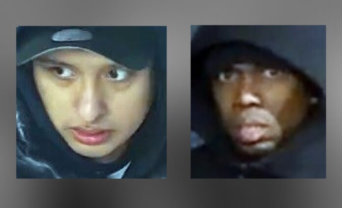 Two close-up surveillance images of male suspects released by police. One is wearing a dark baseball cap and hooded jacket, the other a dark hooded sweatshirt. The images are intended to help identify suspects in a stabbing and home invasion investigation.