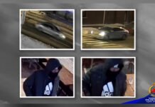 Hamilton Police released suspect images as they investigate city’s first shooting of 2026 Four police-released surveillance images showing a suspected vehicle and suspect linked to a shooting investigation. The top two images show a silver or grey four-door sedan driving at night on a city street and at an intersection. The bottom two images show a hooded male wearing a dark jacket and a black hoodie with a large white Adidas logo on the front. A Hamilton Police Service logo appears in the lower corner of the image.