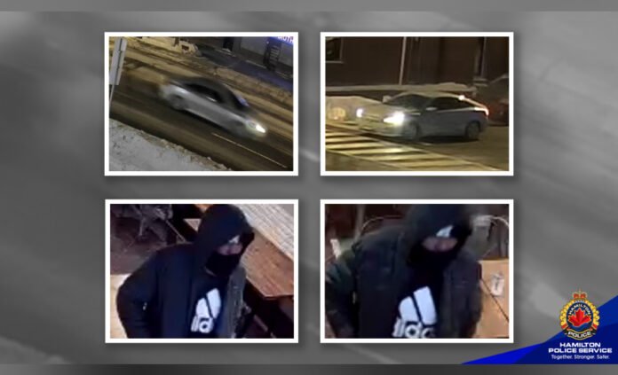 Four police-released surveillance images showing a suspected vehicle and suspect linked to a shooting investigation. The top two images show a silver or grey four-door sedan driving at night on a city street and at an intersection. The bottom two images show a hooded male wearing a dark jacket and a black hoodie with a large white Adidas logo on the front. A Hamilton Police Service logo appears in the lower corner of the image.