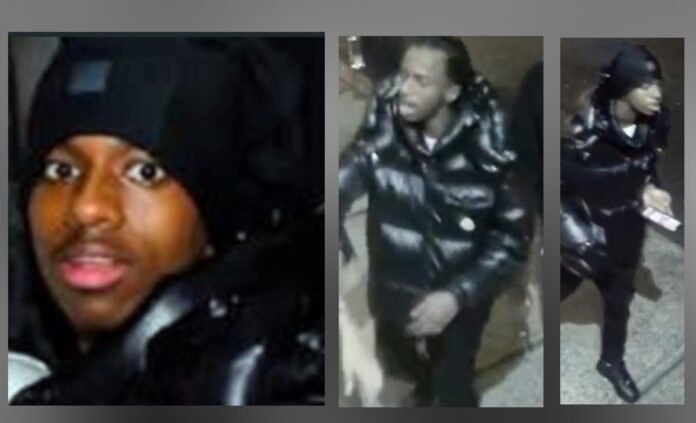 suspect_wanted_in_aggrevated_assault Three CCTV style images showing a man wearing a black puffer jacket and dark pants. One image is a close-up of his face; the other two show his standing and walking on a sidewalk, holding a phone. He is wanted in aggravated assault case
