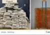 CBSA seizes over 1,000 kg of illegal cannabis at GTA outbound points A large pile of white sealed bags of seized drugs displayed by the Canada Border Services Agency beside an image of an orange suitcase used to conceal the shipment.