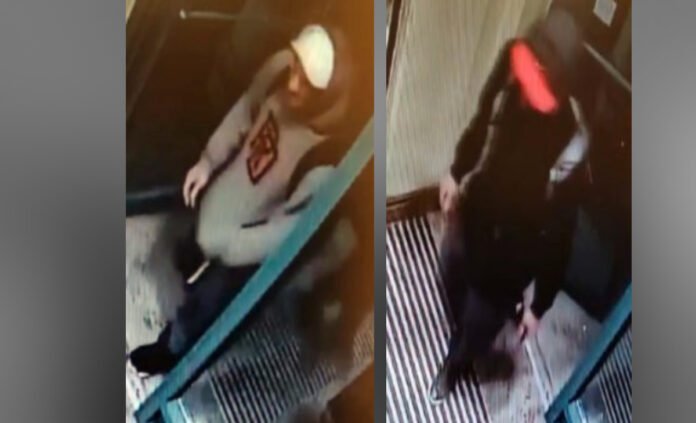 Two blurry surveillance images showing a hooded individual—one in a light hoodie with a logo and another in dark clothing with a red cap, captured indoors.
