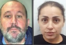 Two suspects wanted in Toronto credit card theft investigation Side-by-side police released images of two individuals. On the left is a man with a bald head, short beard and moustache, and a neutral expression. On the right is a woman with dark hair pulled back, large eyes, and a neutral expression.